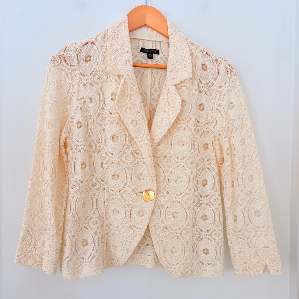 FOR CYNTHIA M Cream Lace Sheer Blazer Jacket Feminine Coquette One-Button Boho